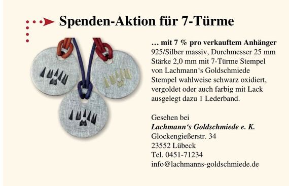 Anzeige der Spenden Aktion für 7-Türme: Drei Kettenanhänger mit vielen kleinen Türmen